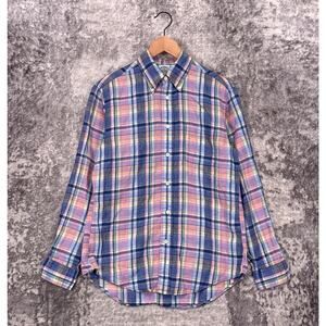 Brooks Brothers Regent Shirt Medium Mens Irish Linen Colorful Plaid Check